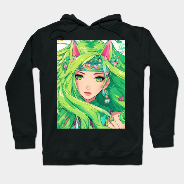 Manga Magic Whimsical Anime Girl Green Hair Pose Hoodie by animegirlnft