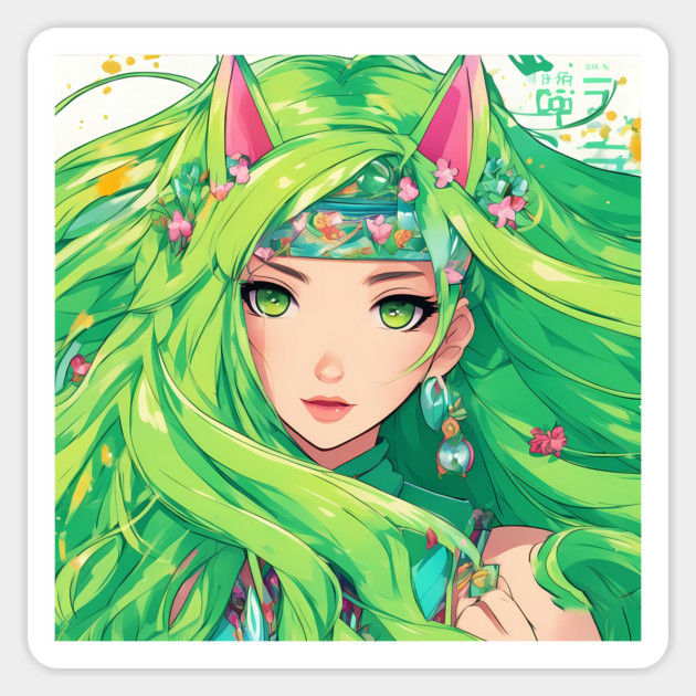 Manga Magic Whimsical Anime Girl Green Hair Pose Magnet by animegirlnft