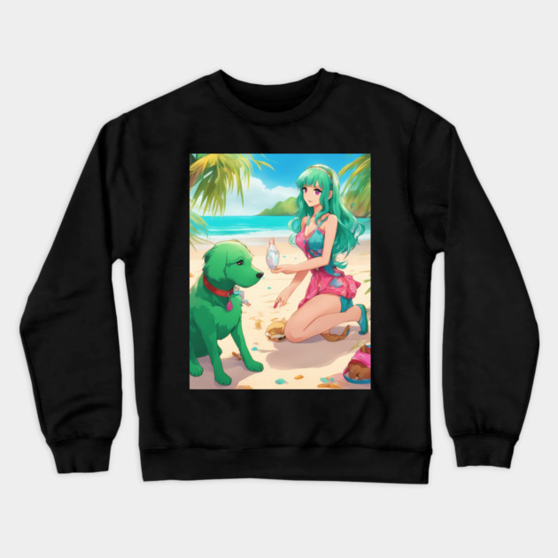 Anime All Day Fun and Colorful with Dog on the Sea Crewneck Sweatshirt by animegirlnft