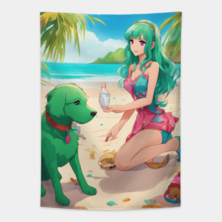 Anime All Day Fun and Colorful with Dog on the Sea Tapestry