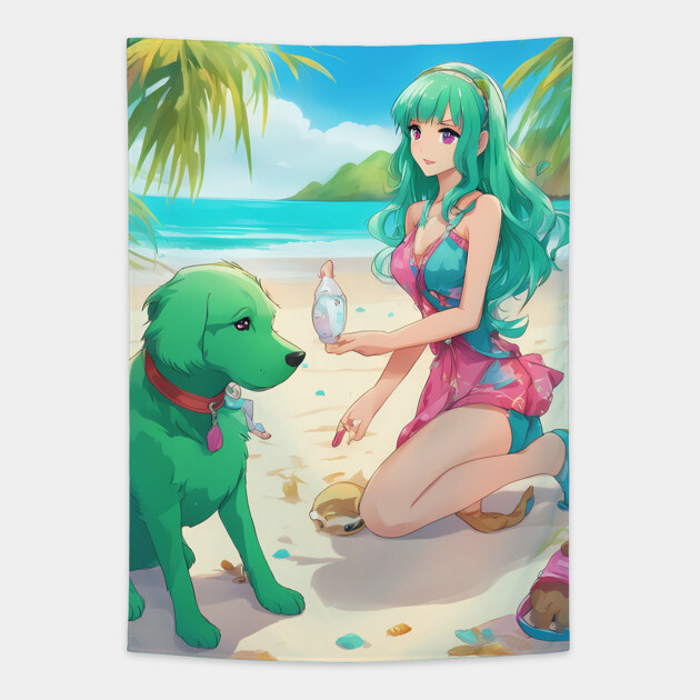 Anime All Day Fun and Colorful with Dog on the Sea Tapestry by animegirlnft