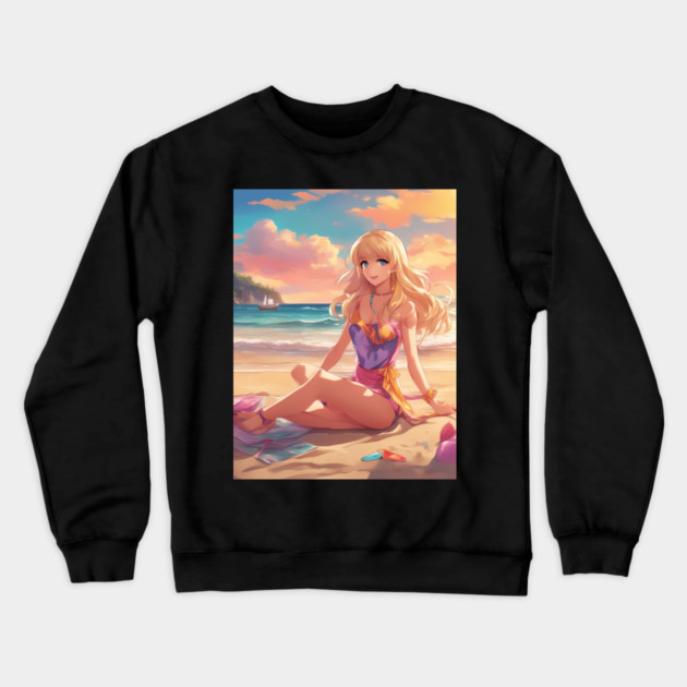 Otaku Approved Beach Anime Girl Collor View Crewneck Sweatshirt by animegirlnft
