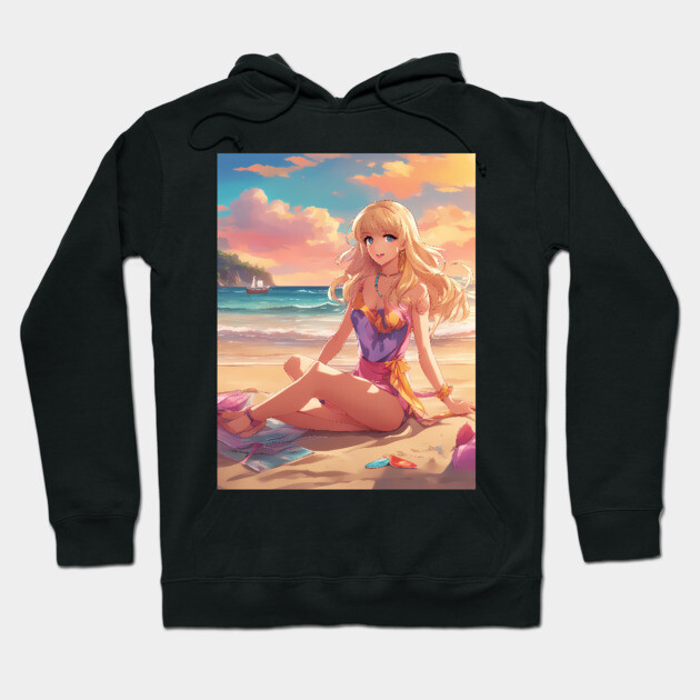 Otaku Approved Beach Anime Girl Collor View Hoodie by animegirlnft