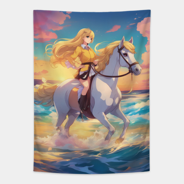 Anime Princess Cute Girl with White Horse collorful Tapestry by animegirlnft