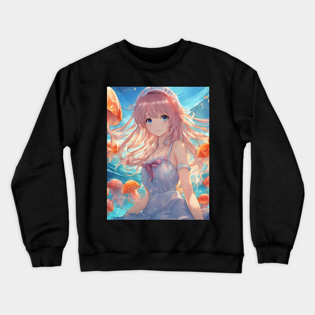 Anime girl with jellyfishes Crewneck Sweatshirt by animegirlnft