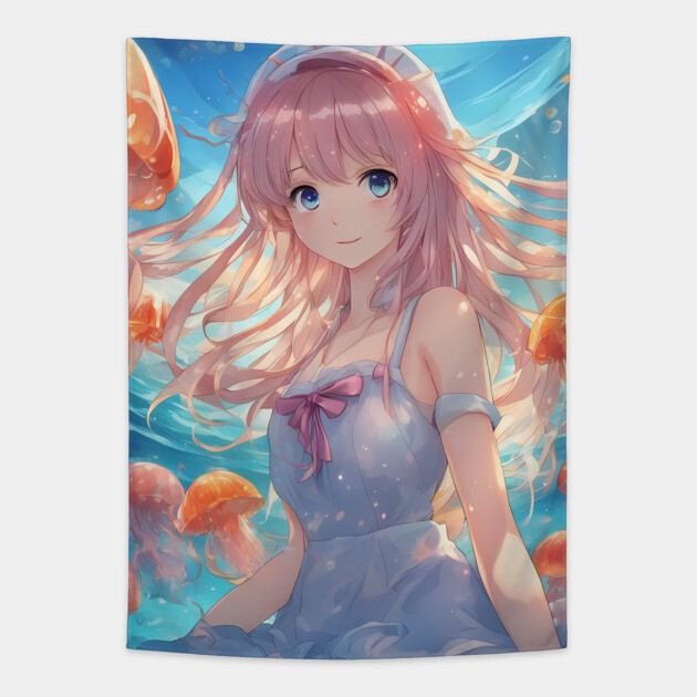 Anime girl with jellyfishes Tapestry by animegirlnft