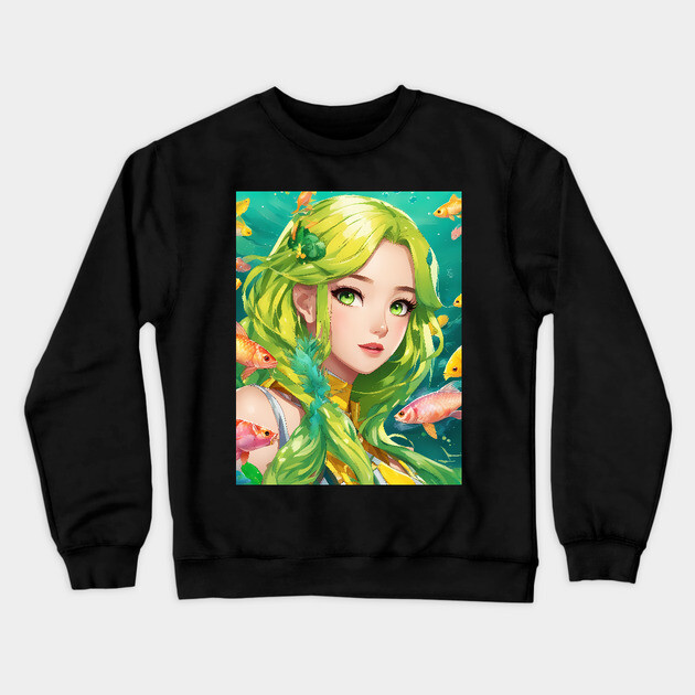 anime girl with fish aquatic world deep sea Crewneck Sweatshirt by animegirlnft