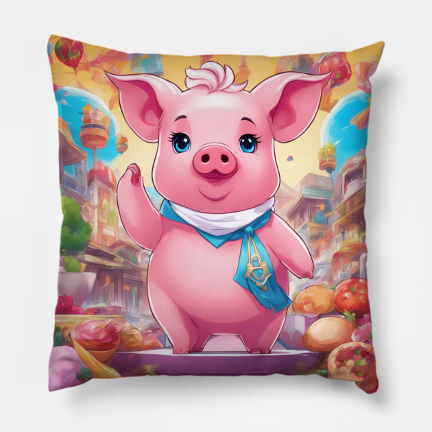hip hop a pink pig wearing a blue scarf and a purse Pillow by animegirlnft