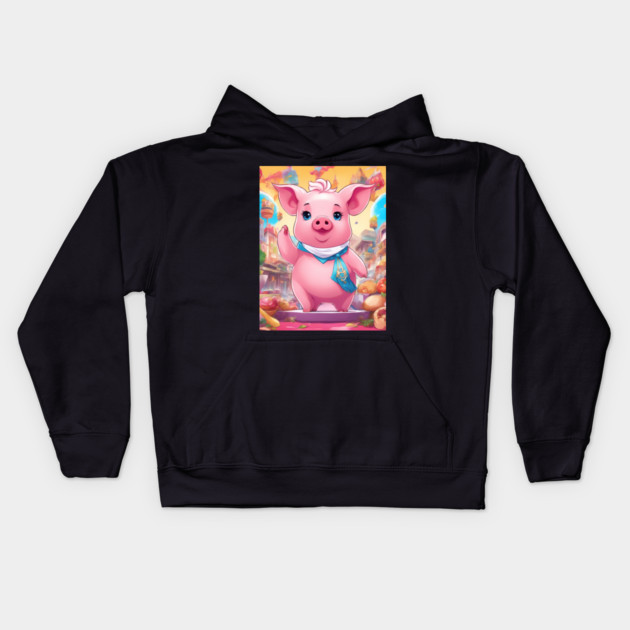hip hop a pink pig wearing a blue scarf and a purse Kids Hoodie by animegirlnft