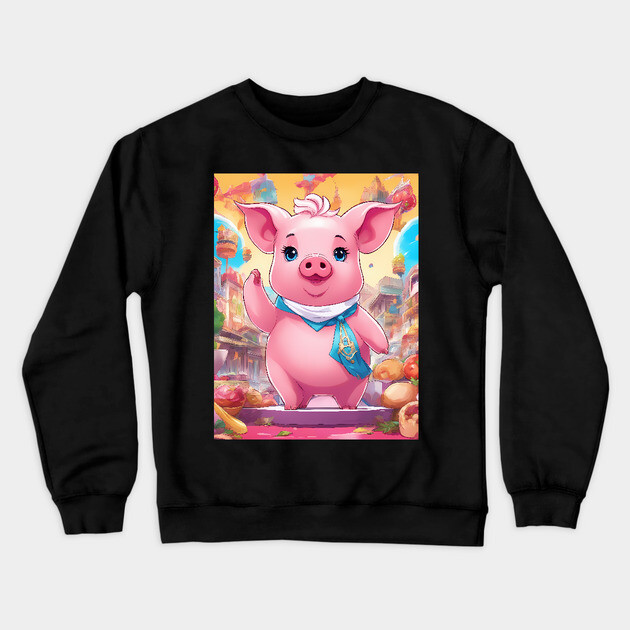 hip hop a pink pig wearing a blue scarf and a purse Crewneck Sweatshirt by animegirlnft