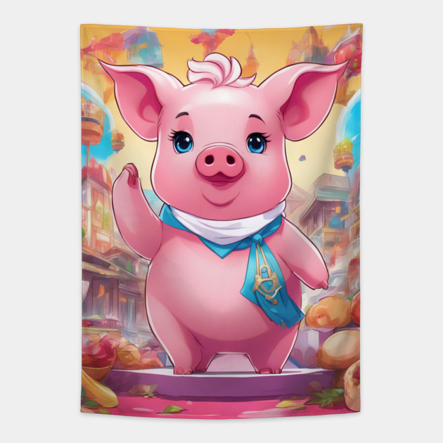 hip hop a pink pig wearing a blue scarf and a purse Tapestry by animegirlnft
