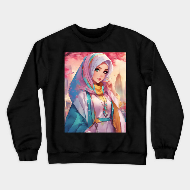 Muslim Anime Girl Hijab Crewneck Sweatshirt by animegirlnft