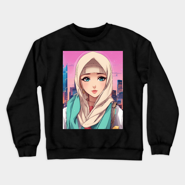 Arabic Hijab Anime Girl Crewneck Sweatshirt by animegirlnft