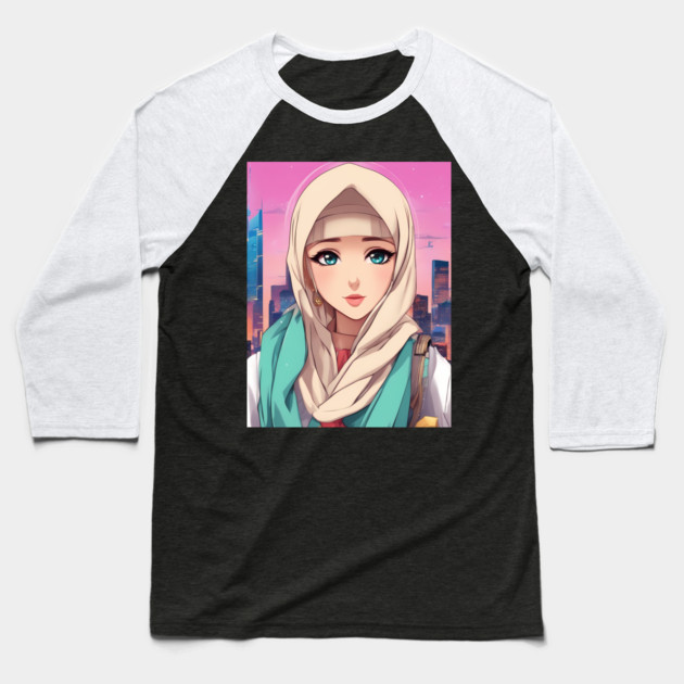 Arabic Hijab Anime Girl Baseball T-Shirt by animegirlnft