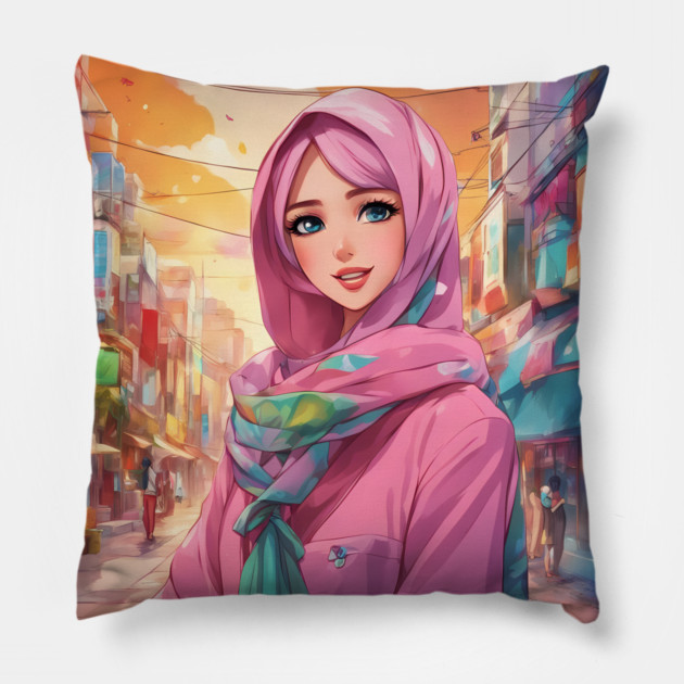 Islam Hijab Anime Girl Pillow by animegirlnft