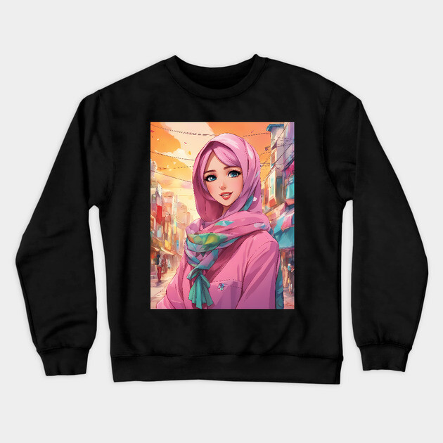 Islam Hijab Anime Girl Crewneck Sweatshirt by animegirlnft