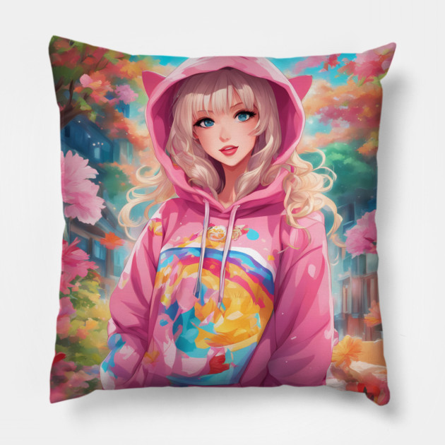 Pink Hoodie Flower Anime Girl Pillow by animegirlnft