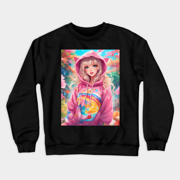 Pink Hoodie Flower Anime Girl Crewneck Sweatshirt by animegirlnft