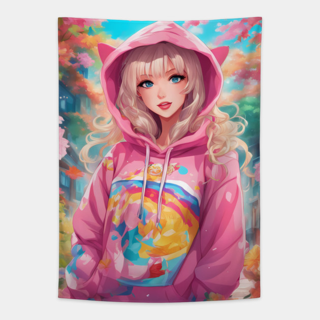 Pink Hoodie Flower Anime Girl Tapestry by animegirlnft