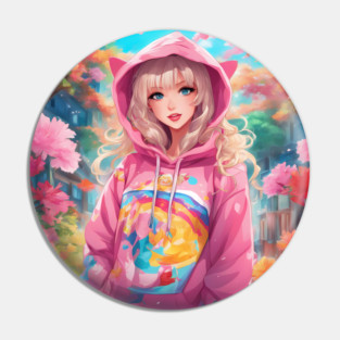 Pink Hoodie Flower Anime Girl Pin