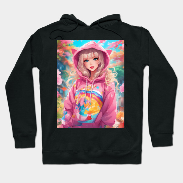 Pink Hoodie Flower Anime Girl Hoodie by animegirlnft