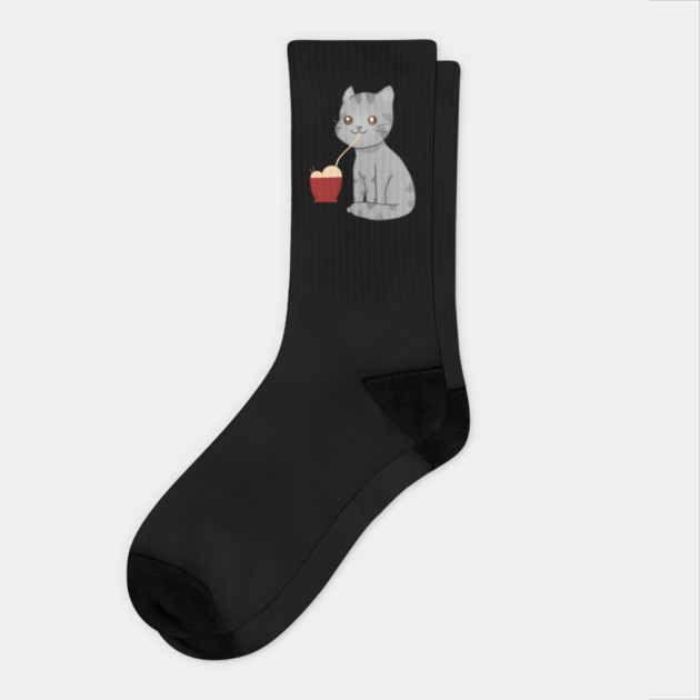 Kawaii Gray Cat Eating Ramen, Cat Lover Socks by logiamerch