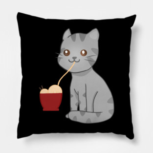 Kawaii Gray Cat Eating Ramen, Cat Lover Pillow
