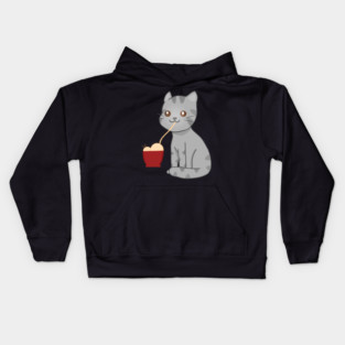 Kawaii Gray Cat Eating Ramen, Cat Lover Kids Hoodie
