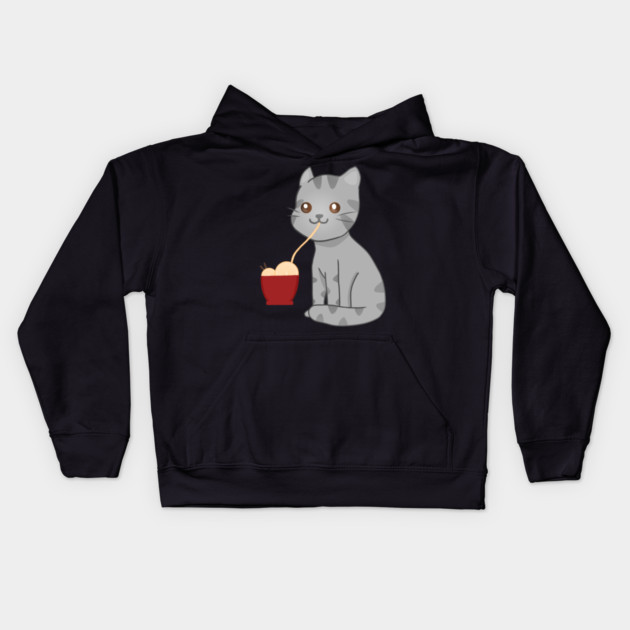 Kawaii Gray Cat Eating Ramen, Cat Lover Kids Hoodie by logiamerch
