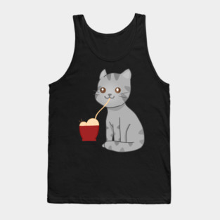 Kawaii Gray Cat Eating Ramen, Cat Lover Tank Top