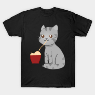 Kawaii Gray Cat Eating Ramen, Cat Lover T-Shirt