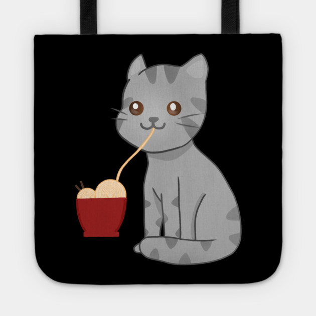 Kawaii Gray Cat Eating Ramen, Cat Lover Tote by logiamerch