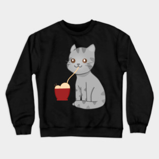 Kawaii Gray Cat Eating Ramen, Cat Lover Crewneck Sweatshirt