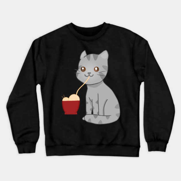 Kawaii Gray Cat Eating Ramen, Cat Lover Crewneck Sweatshirt by logiamerch