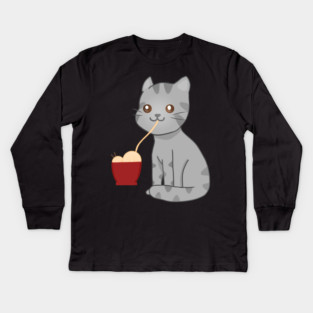 Kawaii Gray Cat Eating Ramen, Cat Lover Kids Long Sleeve T-Shirt