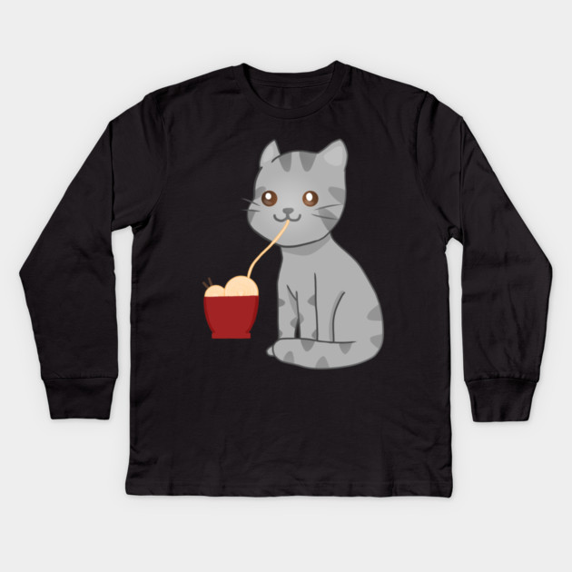 Kawaii Gray Cat Eating Ramen, Cat Lover Kids Long Sleeve T-Shirt by logiamerch