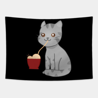 Kawaii Gray Cat Eating Ramen, Cat Lover Tapestry