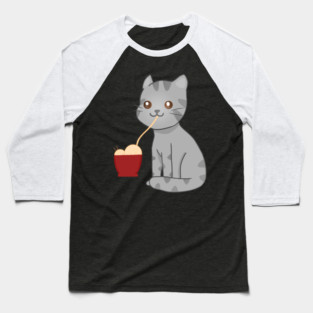 Kawaii Gray Cat Eating Ramen, Cat Lover Baseball T-Shirt