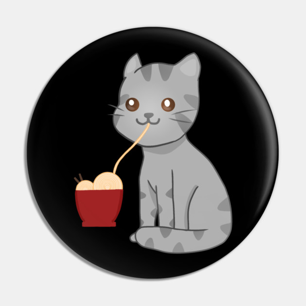 Kawaii Gray Cat Eating Ramen, Cat Lover Pin by logiamerch