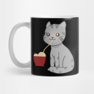 Kawaii Gray Cat Eating Ramen, Cat Lover Mug
