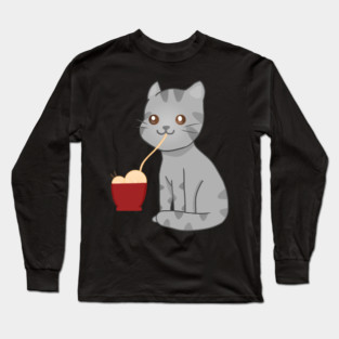 Kawaii Gray Cat Eating Ramen, Cat Lover Long Sleeve T-Shirt
