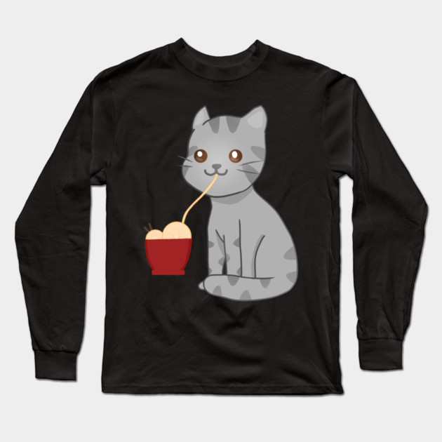 Kawaii Gray Cat Eating Ramen, Cat Lover Long Sleeve T-Shirt by logiamerch