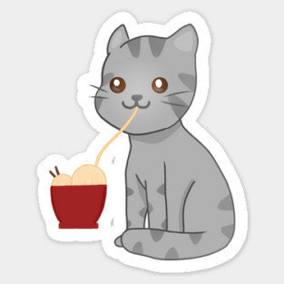Kawaii Gray Cat Eating Ramen, Cat Lover Sticker
