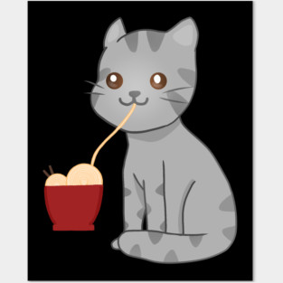 Kawaii Gray Cat Eating Ramen, Cat Lover Posters and Art