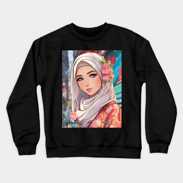 Hijab Islam Muslim Anime Girl Crewneck Sweatshirt by animegirlnft