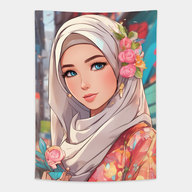 Hijab Islam Muslim Anime Girl Tapestry by animegirlnft