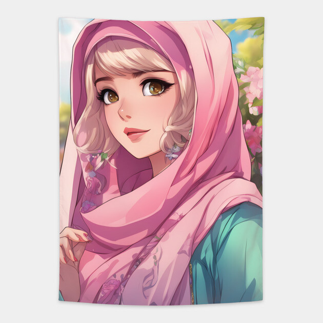Muslim Hijab Flower Anime Girl Tapestry by animegirlnft