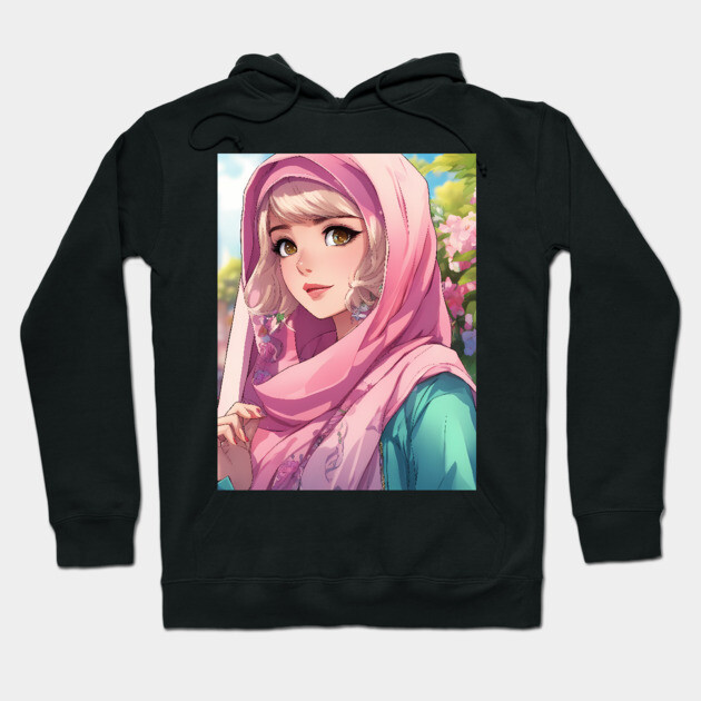 Muslim Hijab Flower Anime Girl Hoodie by animegirlnft