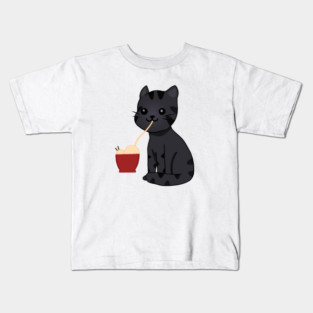 Kawaii Black Cat Eating Ramen, Cat Lover Kids T-Shirt