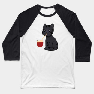 Kawaii Black Cat Eating Ramen, Cat Lover Baseball T-Shirt